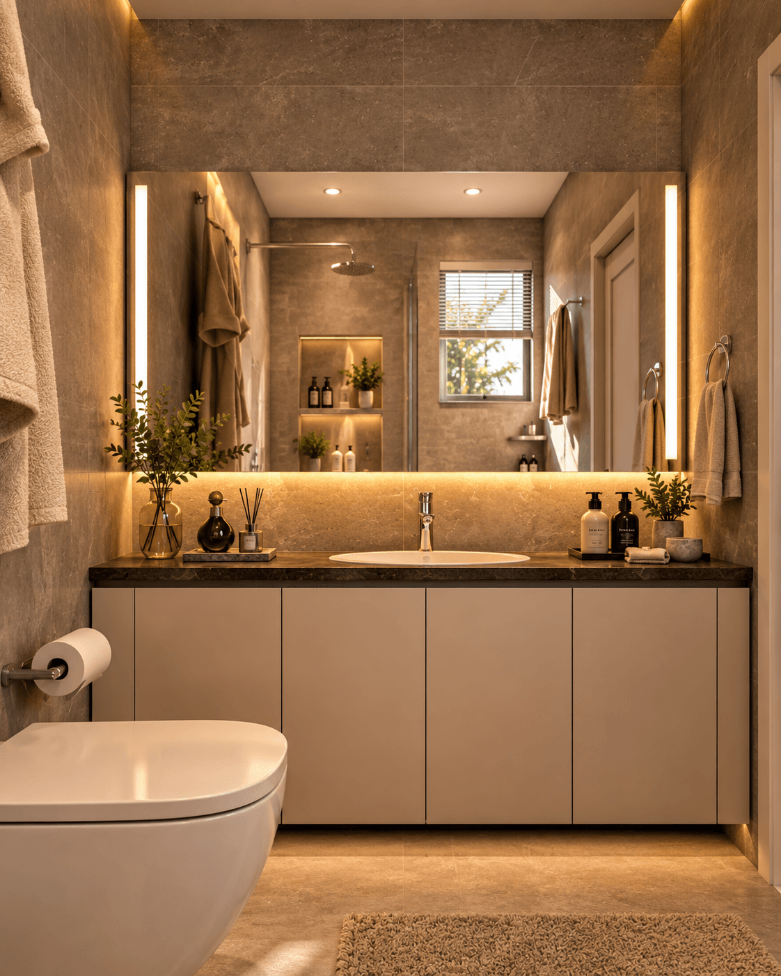 Blucap Design — Mr. Sandeep bathroom with illuminated mirror and stone finishes