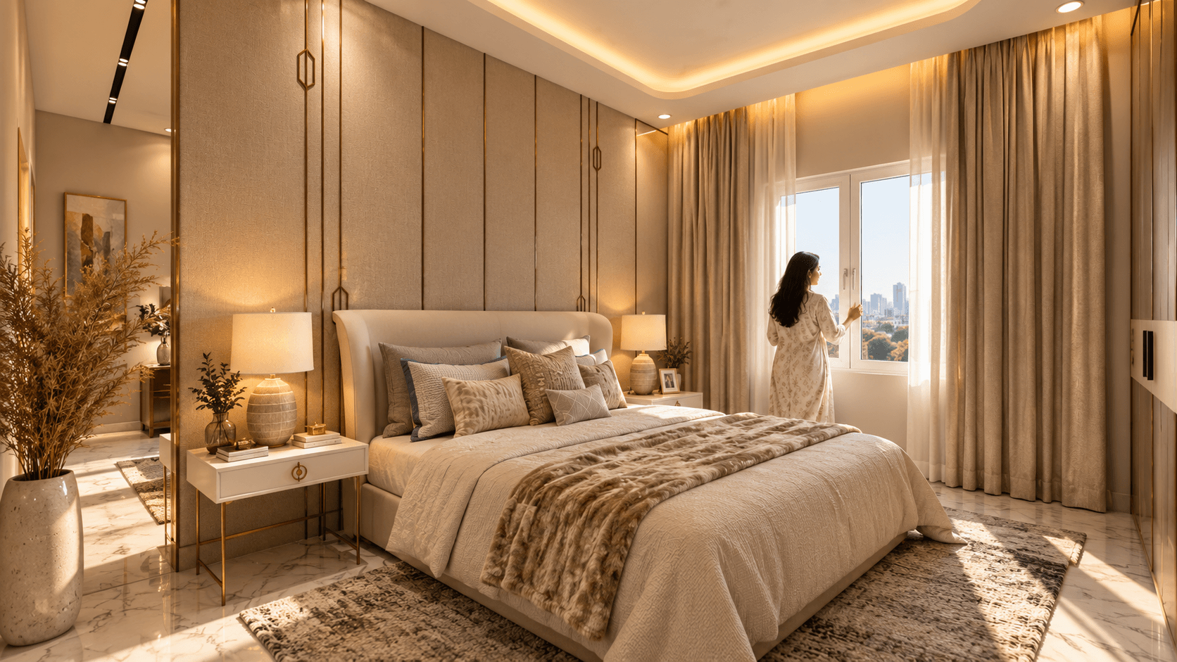 Blucap Design — Mr. Sandeep: Bedroom with upholstered headboard, bedside lighting and full-height curtains