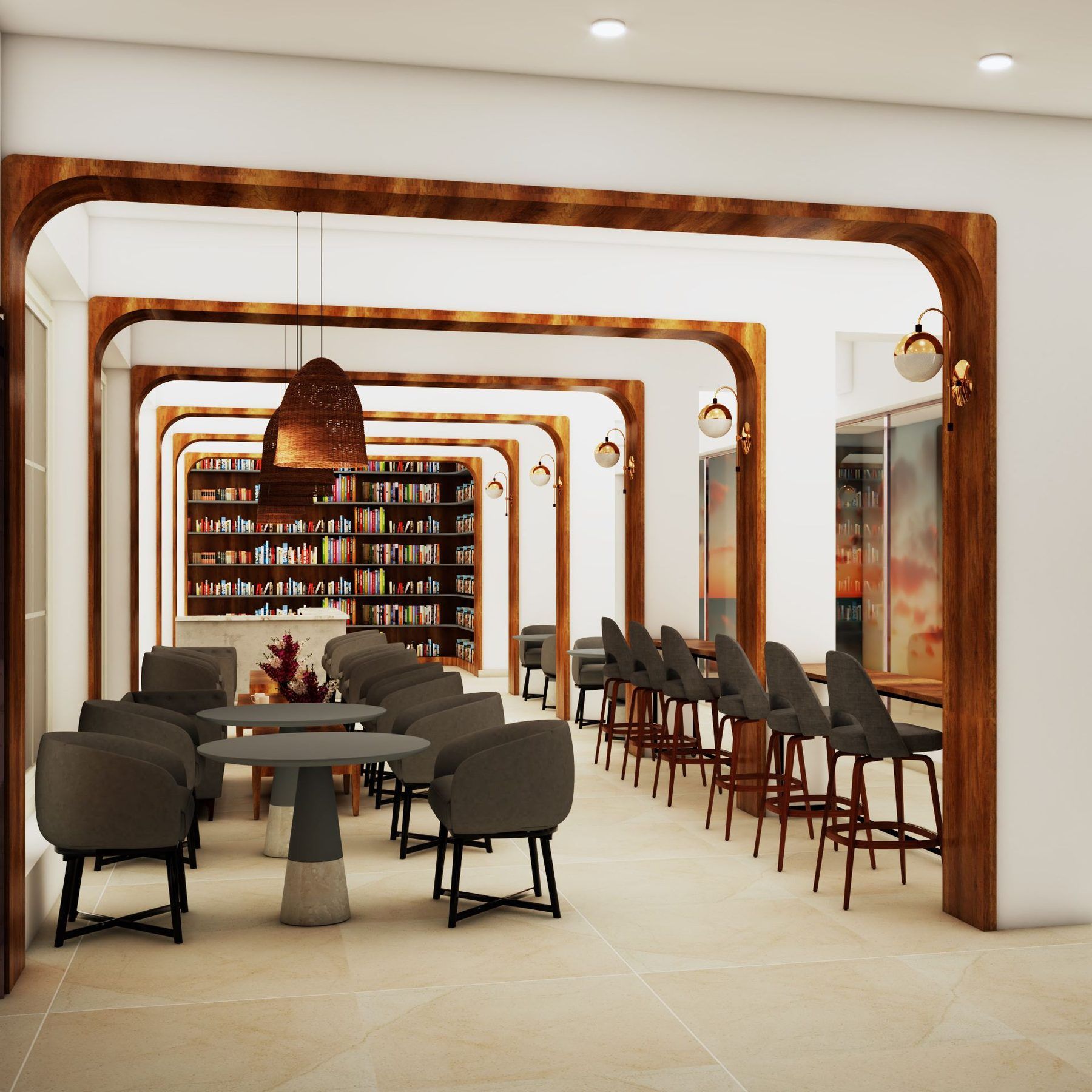 Repeating arched wood frames leading to a library lounge at ECA Clubhouse