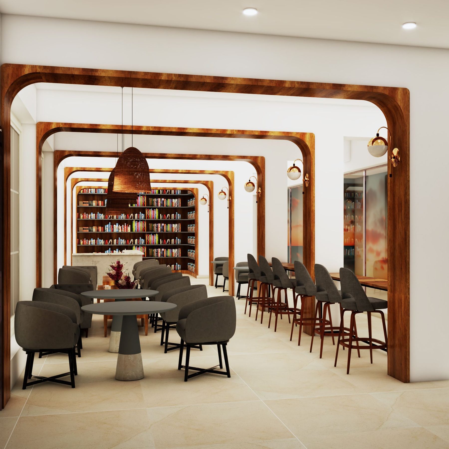 Repeating arched wood frames leading to a library lounge at ECA Clubhouse