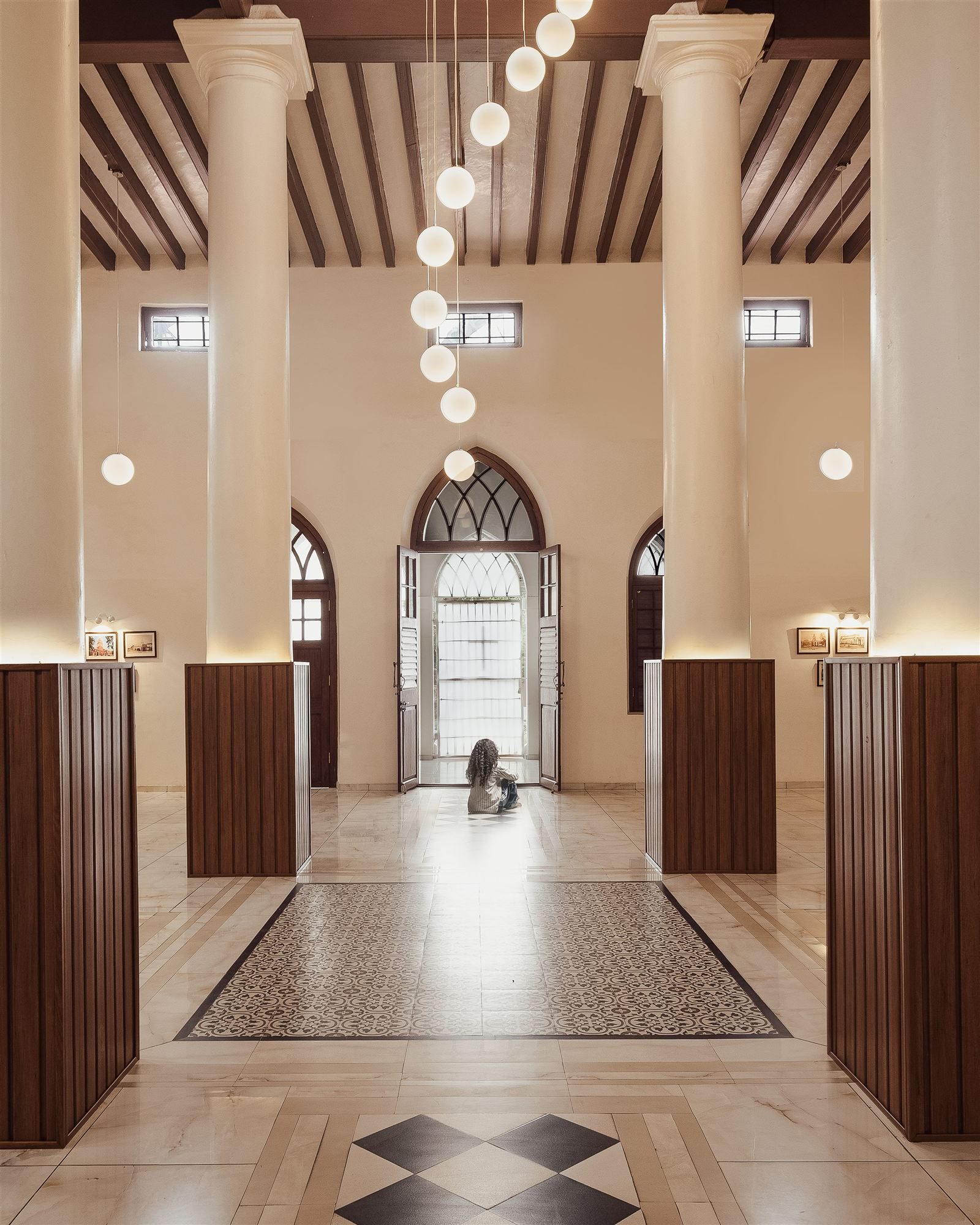 Restored colonnaded hall at St. Andrew's Church Parish Hall