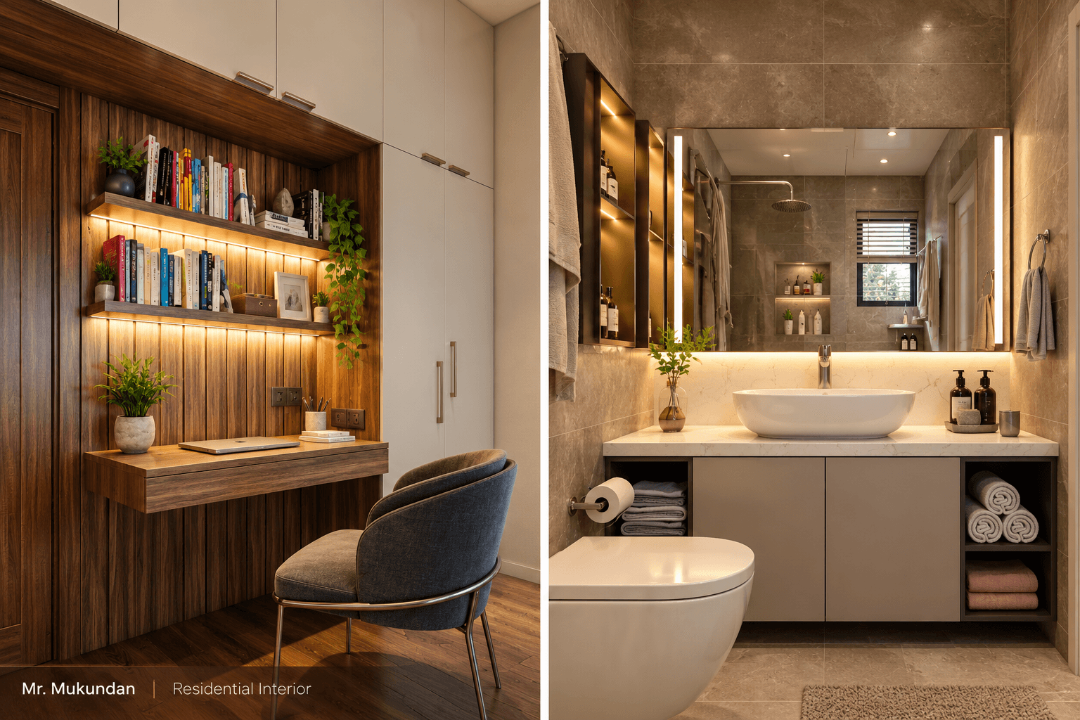 Blucap Design — Mr. Mukundan: Study workspace and bathroom designs, shown together with the original Mr. Mukundan attribution