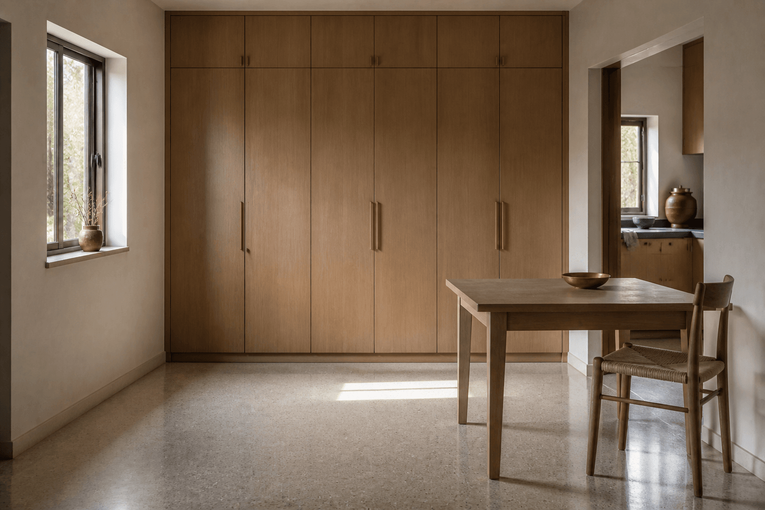 Compact Indian room in daylight with a clear table, closed joinery and a floor that can take another use by evening