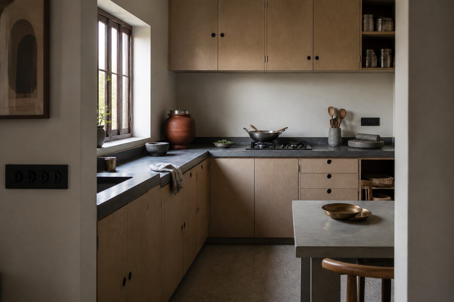 Contemporary Indian kitchen in morning light, with a working stone counter, closed shutters and a steel kadhai at rest