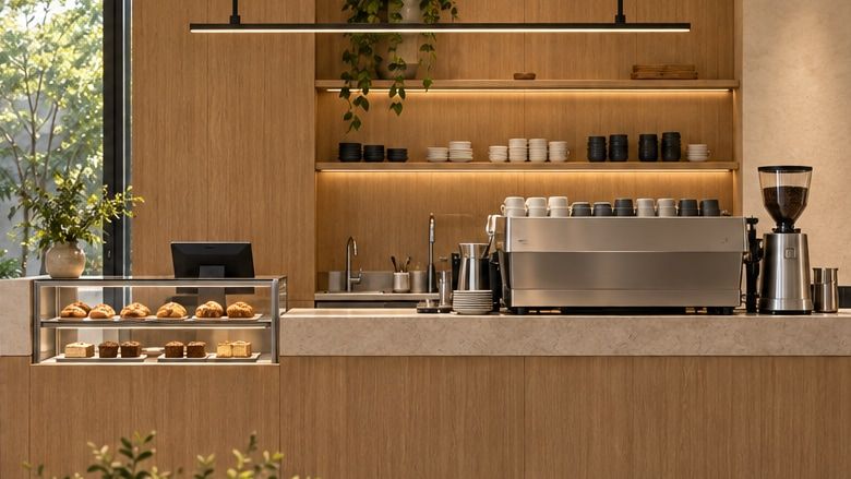 Conceptual timber-front coffee counter with mineral worktop, espresso machine and pastry display.