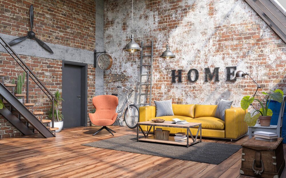 industrial style interior design with grunge walls loft style 3d render 269031 353